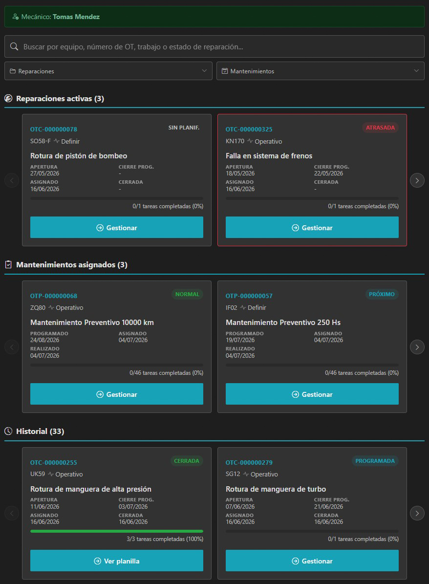 Portal del mecánico: Cada mecánico ve sus órdenes de trabajo asignadas y el avance de cada una, desde el taller o en campo.